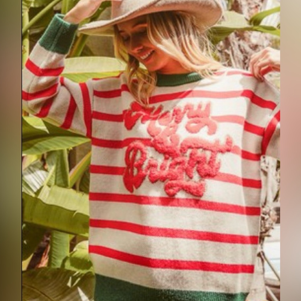BiBi "Merry & Bright" Sweater Holidays Christmas Green Red White Sz Medium M